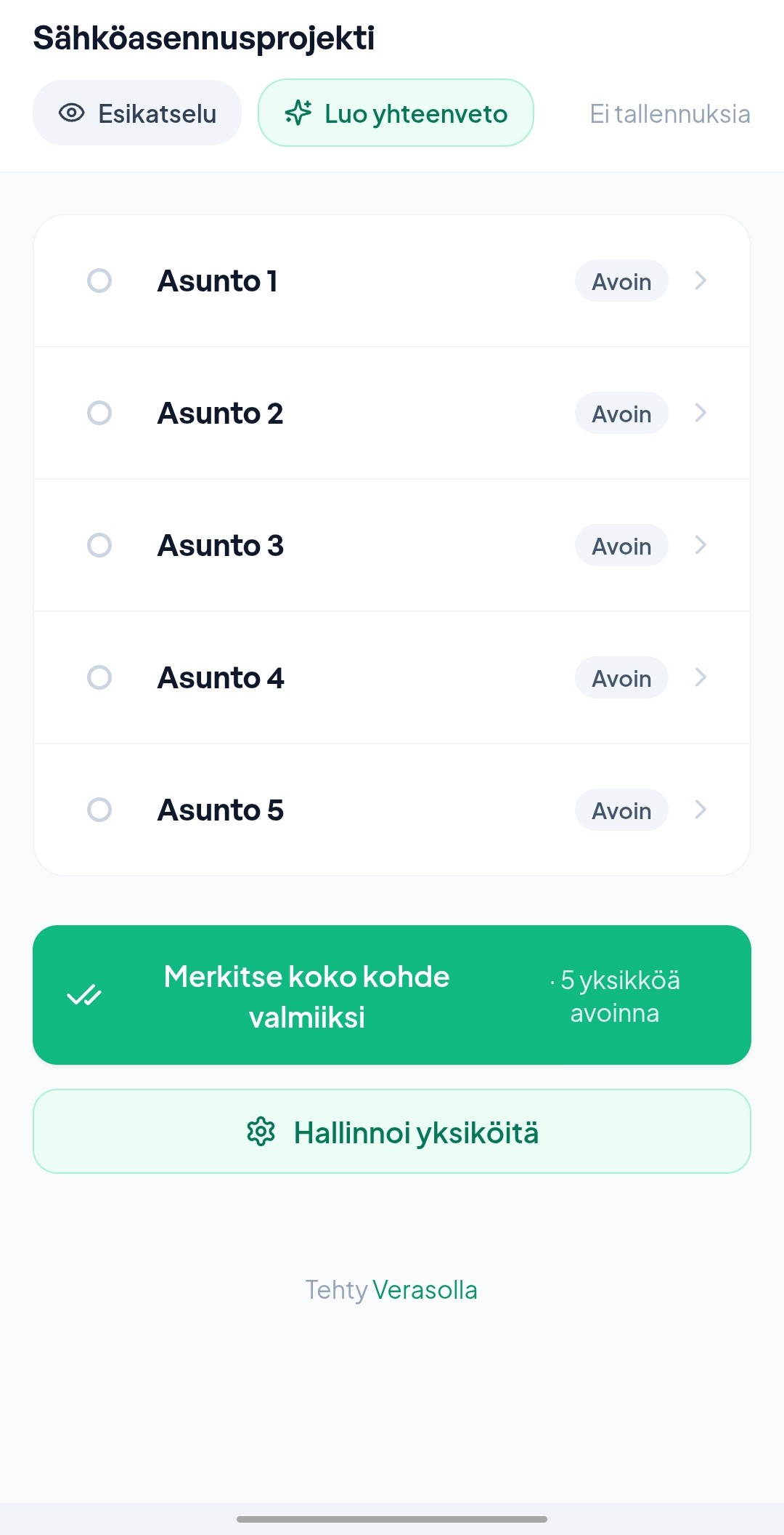 Yksiköt 1–5 selkeissä lokeroissaan