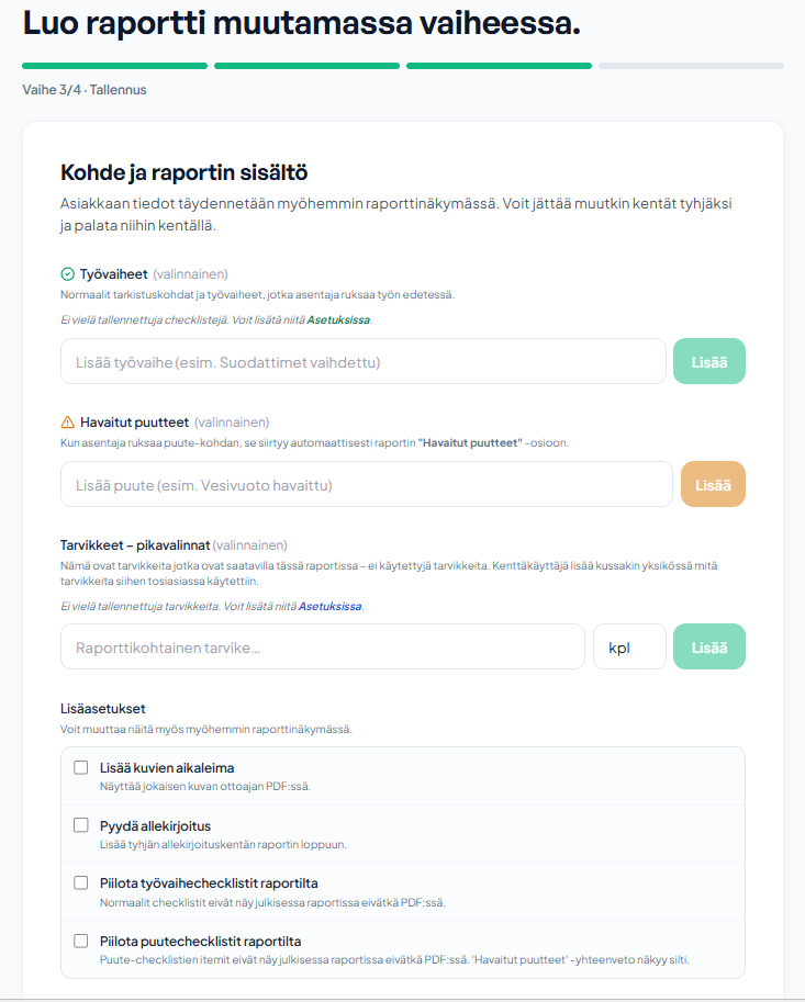 Checklistit ja pikatarvikkeet